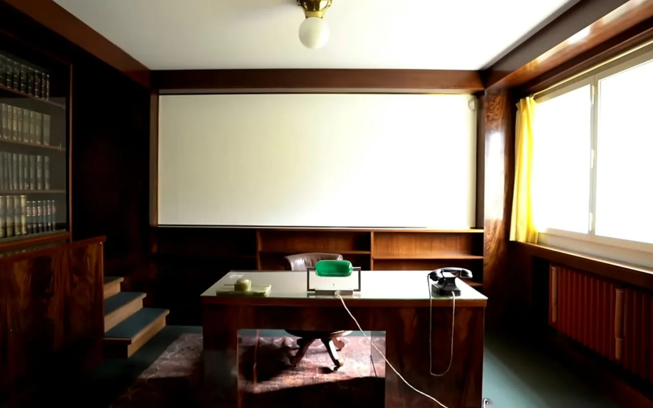 The study in Villa Müller, panelled in dark wood with a desk under the window